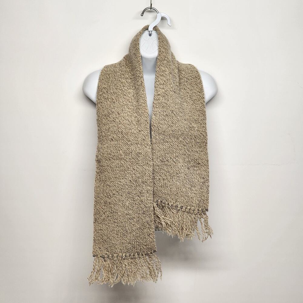 Beige Wool Scarf Hand Woven Rectangular with Frin… - image 2